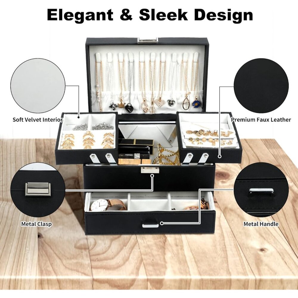 Jewelry Boxes for Women Girls, Jewelry Organizer Box, 3 Layers Jewelry Storage O - Picture 7 of 8